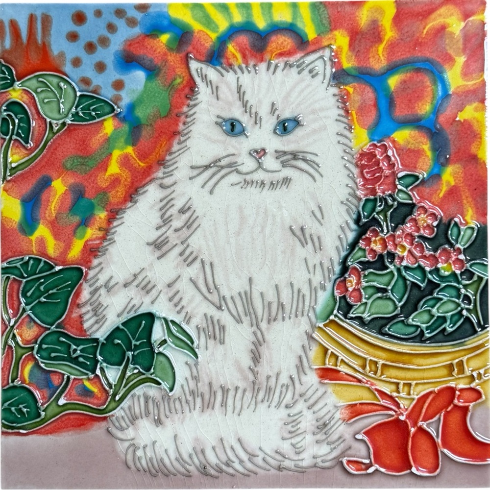 Ceramic Tile Plaque Trivet White Cat with Flowers Multicolor